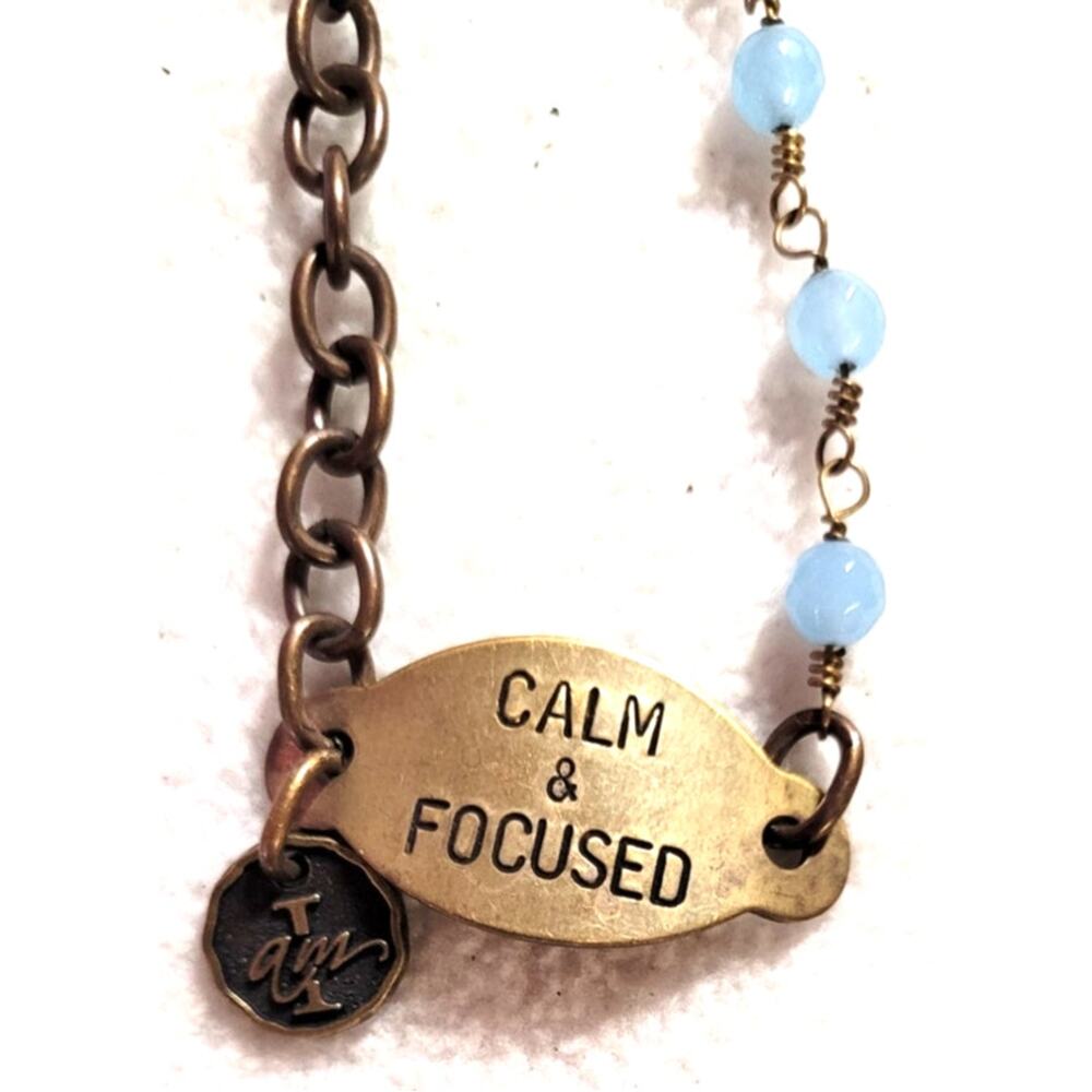 ALJ Amy Louise I Am Calm Focused Necklace Blue Bronze Beaded Affirmation Pendant